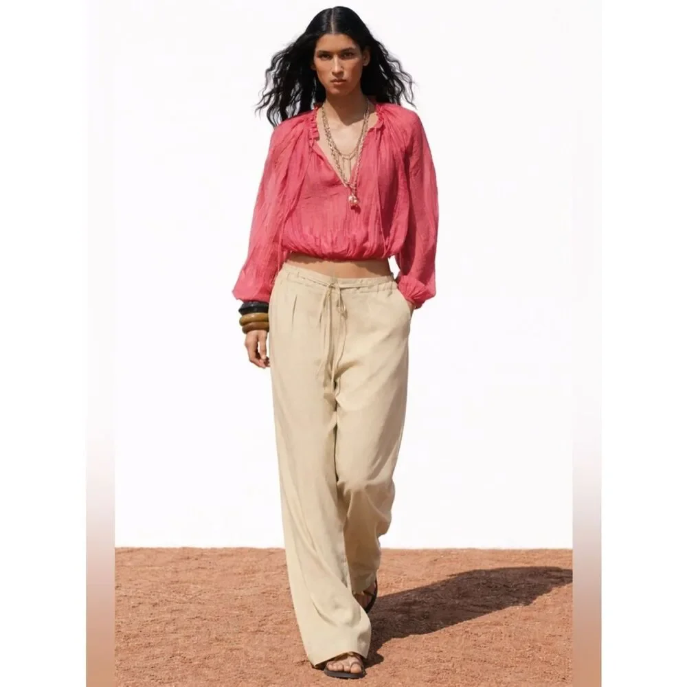 ZARA WIDE LEG LINEN PANTS WITH BELT SAND